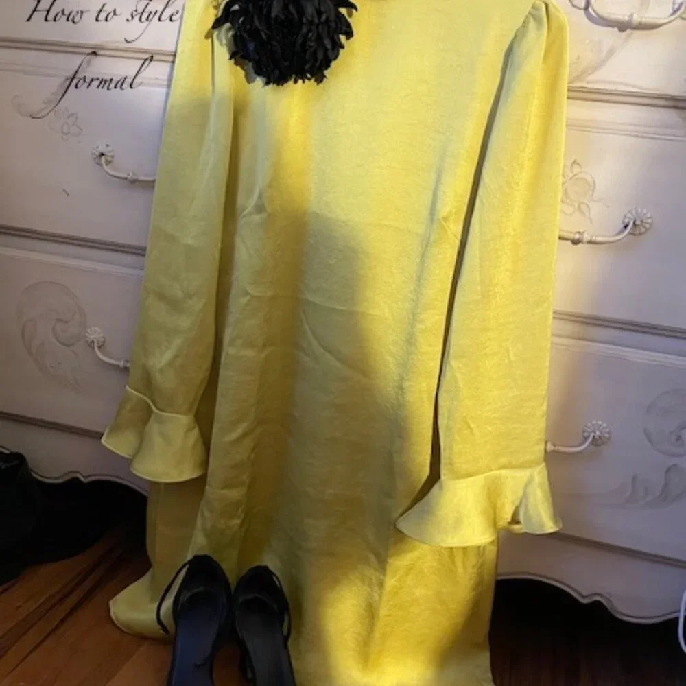 Ann Taylor chartreuse satin dress with ruffle sleeves - Picture 4 of 5